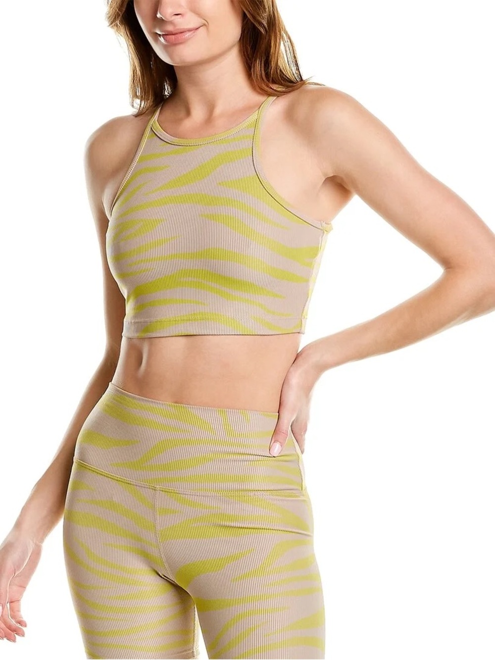 BEACH RIOT ANNA Tank Bra Seamless Zebra-Stripe Ribbed Crop - Beige & Lime Small